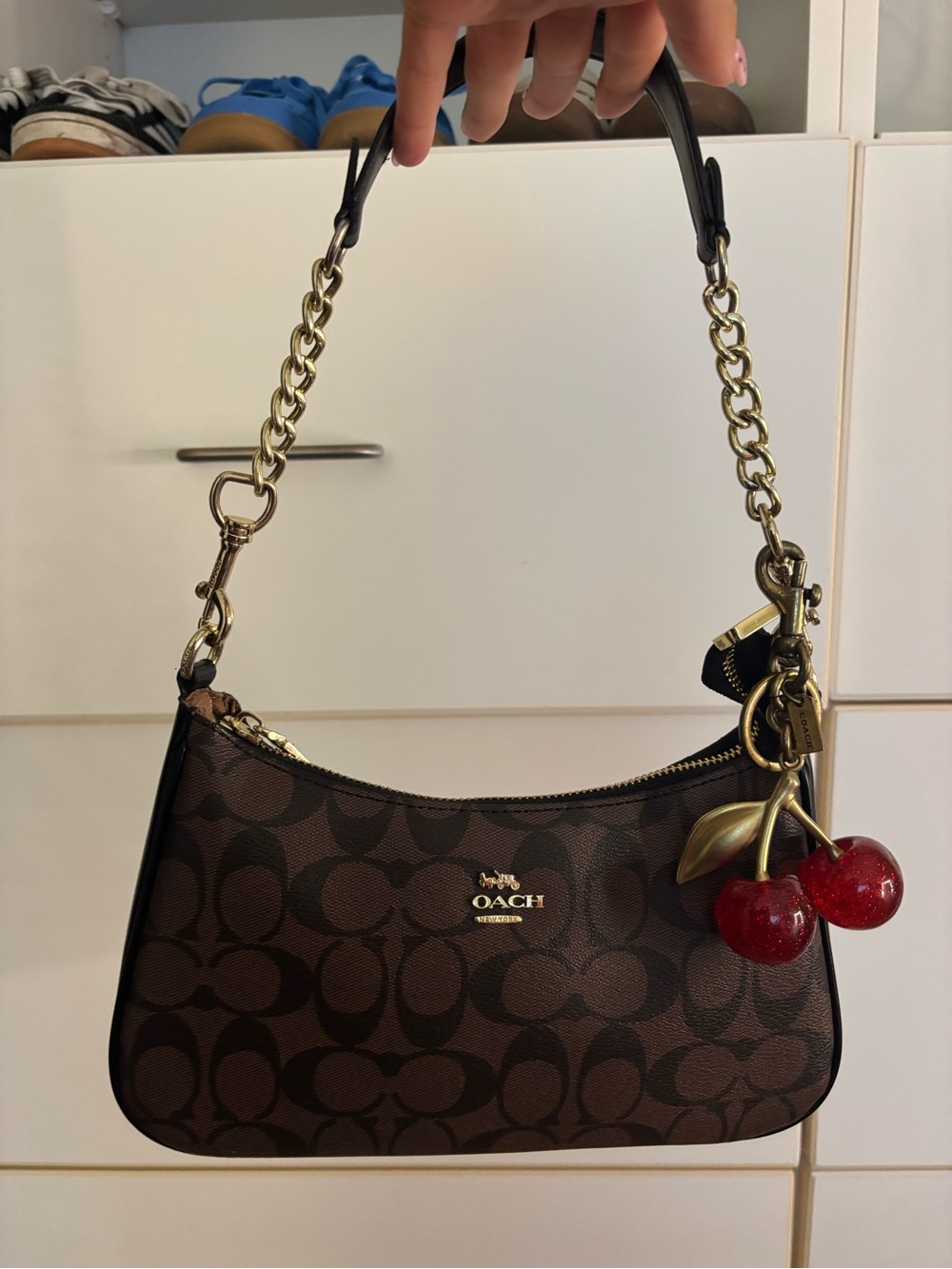 Coach Brown Signature Canvas Shoulder Bag with Red Cherry Charm
